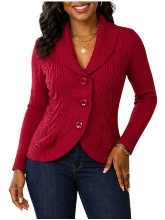 G.H. Bass & Co. Sweaters - G H Bass & Co Size Medium Cardigan Sweater Red Button-Up Cable Knit Chic Warm